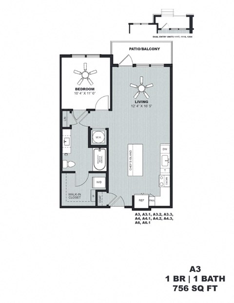 Floor plan for 1 bed, 1 bath, 756 sqft
